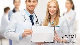 Presentation with bright - Audience pleasing presentation theme consisting of bright picture of two young attractive doctors backdrop and a soft green colored foreground