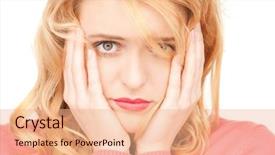  Presentation with bright white - Colorful slide set enhanced with bright picture of unhappy woman backdrop and a coral colored foreground