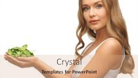  Presentation with spinach - Amazing slide set having bright picture of woman with spinach leaves on palms backdrop and a coral colored foreground