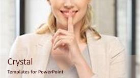  Presentation with bright - Audience pleasing PPT layouts consisting of bright picture of young woman with finger on lips backdrop and a lemonade colored foreground