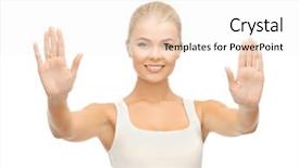  Presentation with bright - Cool new slide deck with bright picture of young woman showing her palms backdrop and a sky blue colored foreground