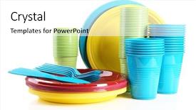  Presentation with bright white - Slide set having bright plastic disposable tableware isolated background and a white colored foreground