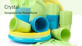  Presentation with tableware - Slide deck with bright plastic disposable tableware isolated background and a soft green colored foreground