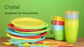  Presentation with tableware - PPT theme having bright plastic disposable tableware on wooden table on colorful background background and a seafoam green colored foreground