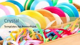  Presentation with silk - Slides with bright silk ribbons in wooden box close up background and a yellow colored foreground