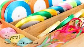  Presentation with silk - Amazing presentation design having bright silk ribbons in wooden box close up backdrop and a yellow colored foreground