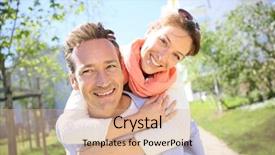  Presentation with man and woman - Audience pleasing slide set consisting of bright spring couple - man giving piggyback ride backdrop and a coral colored foreground