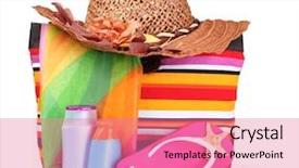  Presentation with beach bag - Amazing slide deck having bright striped beach bag and beach items isolated on white backdrop and a coral colored foreground