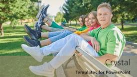  Presentation with youth - PPT theme having bright-summer-fashion-carefree-friends background and a coral colored foreground