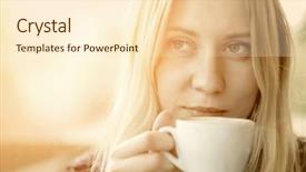  Presentation with piano and coffee - Slide set consisting of bright sun - female with coffee at cafe background and a  colored foreground