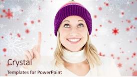  Presentation with upwards - Beautiful slide set featuring bright woman with a colorful hat pointing upwards against snowflake pattern backdrop and a lemonade colored foreground