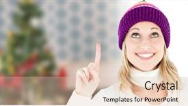 Presentation with upwards - Slide set with bright woman with a colorful hat pointing upwards against home at christmas time background and a lemonade colored foreground