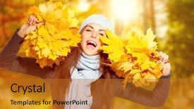  Presentation with sunny fall - Presentation enhanced with beautiful happy autumn girl holding bunches of bright yellow autumn leaves and laughing beauty fall sunny park beautiful young woman wearing knitted blue scarf and a hat autumn fashion background and a gold colored foreground