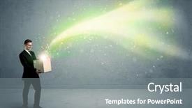  Presentation with light green - Amazing slide deck having bright yellow green light beams escaping a cardboard box held by young elegant male business person in stylish suit concept backdrop and a gray colored foreground