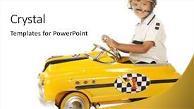  Presentation with car racing - Presentation design enhanced with adorable preschooler wearing a helmet while racing in a bright yellow pedal car isolated on white background and a white colored foreground