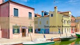 Presentation with canals - Slide set featuring brightly painted houses and canals on the island of burano near the city of venice background and a coral colored foreground