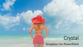  Presentation with woman in sea - Colorful PPT theme enhanced with brim - woman in red-hat backdrop and a  colored foreground