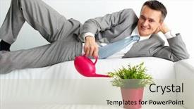  Presentation with entrepreneur - PPT layouts enhanced with bringing up his new business background and a soft green colored foreground