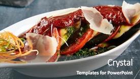  Presentation with greek feta cheese famous dairy - PPT layouts having brinjal - baked eggplants with cheese tomatoes background and a dark gray colored foreground