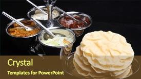  Presentation with onion - Audience pleasing theme consisting of brinjal - indian poppadums with pickles raita backdrop and a tawny brown colored foreground