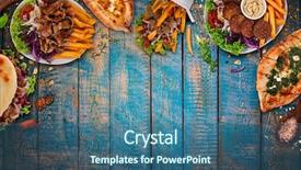  Presentation with meals - Colorful presentation theme enhanced with brinjal - top down view on traditional backdrop and a ocean colored foreground