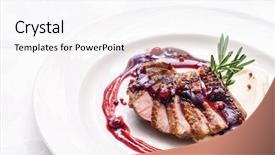  Presentation with duck - Cool new PPT theme with british cuisine - duck breast with sauce backdrop and a sky blue colored foreground