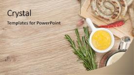  Presentation with sausages - Cool new theme with british food - grilled sausages with mustard backdrop and a soft green colored foreground