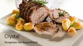  Presentation with veal - PPT theme featuring british food - roast of veal with potatoes background and a coral colored foreground