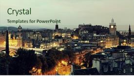  Presentation with night sky plane view - PPT theme featuring british heritage - edinburgh city view panorama background and a soft green colored foreground