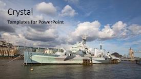  Presentation with london - PPT theme featuring british royal navy - london hms belfast background and a light blue colored foreground