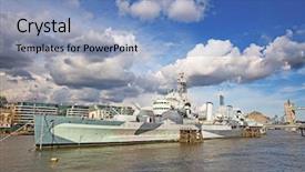  Presentation with london - Slides enhanced with british royal navy - london hms belfast background and a teal colored foreground