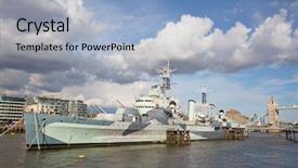 Presentation with royal - Slides with british royal navy - london hms belfast background and a light blue colored foreground