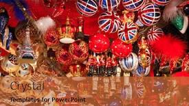  Presentation with christmas silver blue turquoise baubles - Presentation design having british themed glass christmas baubles for sale at christmas market christkindlmarkt stall in central berlin germany background and a red colored foreground