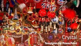  Presentation with christmas sale - Colorful presentation theme enhanced with british themed glass christmas tree decorations for sale at christmas market christkindlmarkt stall in central berlin germany backdrop and a tawny brown colored foreground