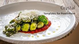  Presentation with broad - Presentation design having broad-beans-salad-in-tomato background and a mint green colored foreground