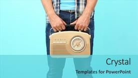  Presentation with retro radio - Audience pleasing slides consisting of broadcasting news style - young man holding retro radio backdrop and a arctic colored foreground