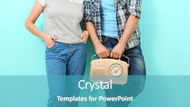  Presentation with retro radio - Theme with broadcasting news style - young woman and man holding background and a teal colored foreground