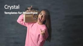  Presentation with cognitive radio - Amazing slide set having broadcasting news style - young woman listening to radio backdrop and a dark gray colored foreground