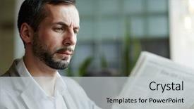  Presentation with article - Beautiful PPT theme featuring gazette - serious man concentrating on reading backdrop and a light gray colored foreground