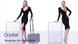  Presentation with poster - PPT layouts with young girl in black dress with poster and valise isolated on whi background and a sky blue colored foreground