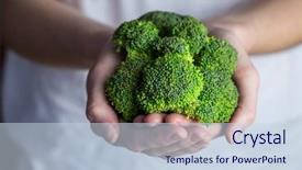  Presentation with fresh green broccoli - Slide set with broccoli - woman showing fresh green brocolli background and a sky blue colored foreground