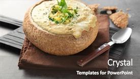 Presentation with cheddar - PPT layouts consisting of broccoli cheddar soup in bread background and a tawny brown colored foreground