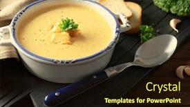  Presentation with cheddar - Theme with broccoli cheddar soup in casserole on wooden board background and a wine colored foreground