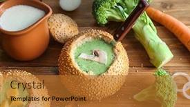  Presentation with bread bun - Slide set consisting of broccoli cheese soup in bread bun on wooden table background and a red colored foreground