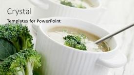  Presentation with soup - Beautiful slide deck featuring broccoli soup on bowl over wood backgroun backdrop and a light gray colored foreground