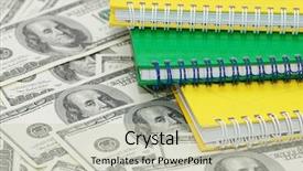  Presentation with spiral notebook for google - PPT theme having brochure 3 - three spiral notebooks and us background and a  colored foreground