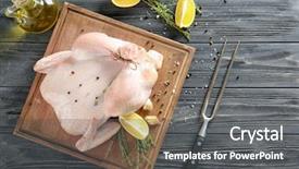  Presentation with coconut shell fresh whole - Slide deck enhanced with broilers - fresh raw whole chicken background and a gray colored foreground