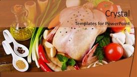  Presentation with chicken - Presentation theme having broilers - raw chicken on wooden table background and a coral colored foreground