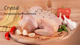  Presentation with old wooden table food - Presentation theme having raw chicken on wooden table background and a coral colored foreground
