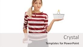 Presentation with empty - Cool new PPT layouts with broke woman showing her empty pocket and holding a small empty shopping basket isolated on white background backdrop and a white colored foreground